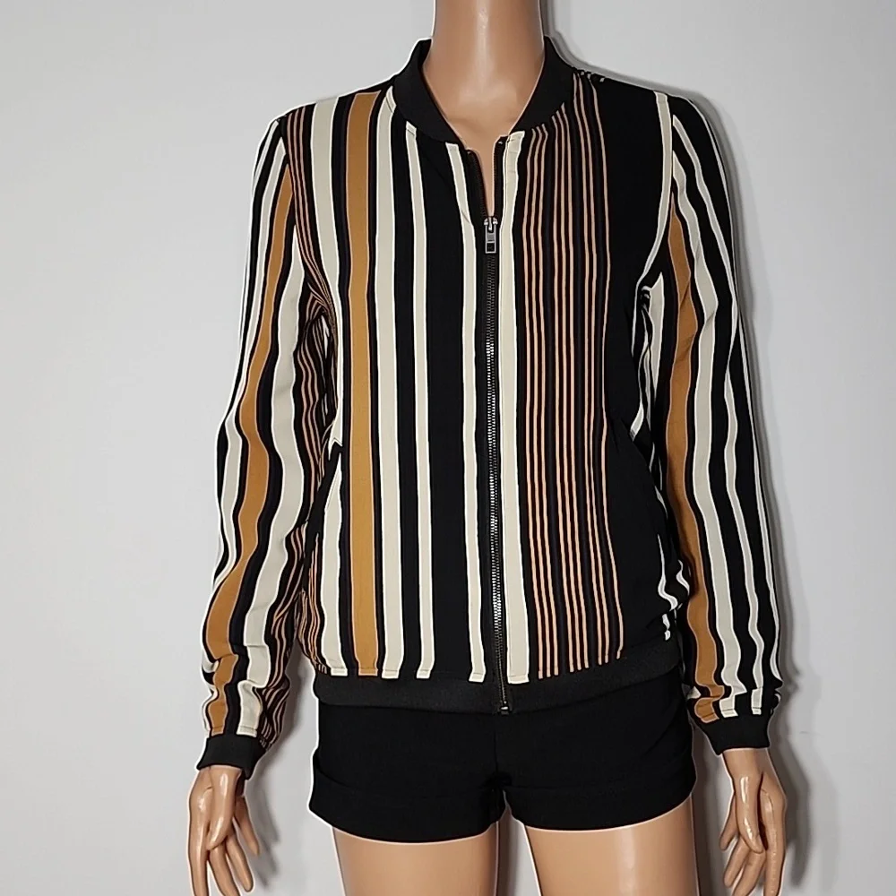 ONLY Women's ZIP-UP‎ SWEATSHIRT Black Yellow Stripes Bomber Jacket Size 36